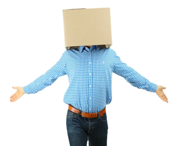 Man met kartonnen doos op zijn hoofd geïsoleerd op wit — Stockfoto