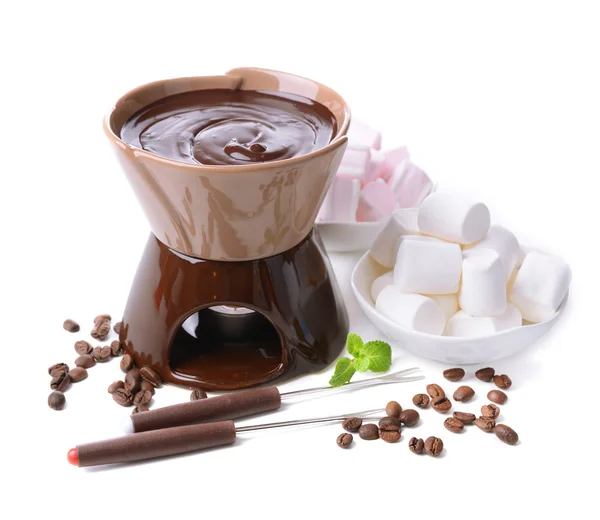 Chocolate fondue with marshmallow candies, isolated on white — Stock Photo, Image