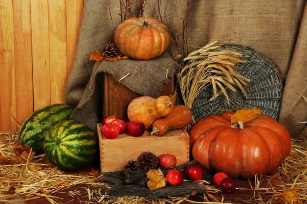 Pompoenen en appels op kisten met watermeloenen op stro op rouwgewaad achtergrond — Stockfoto