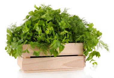 maydanoz ve dereotu üzerinde beyaz izole ahşap kutu