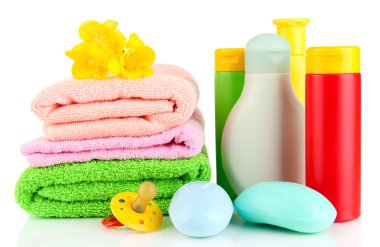 Bebek kozmetik, havlu, sabun, üzerinde beyaz izole