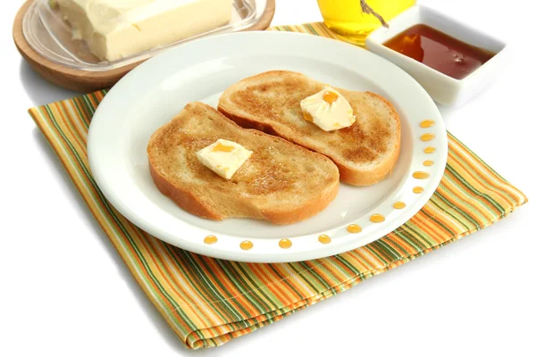 White bread toastwith honey on plate, isolated on white — Stock Photo, Image