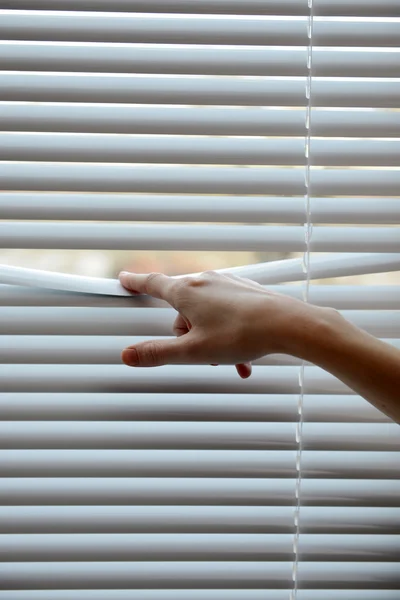 Female hand separating slats on venetian blinds — Stock Photo, Image