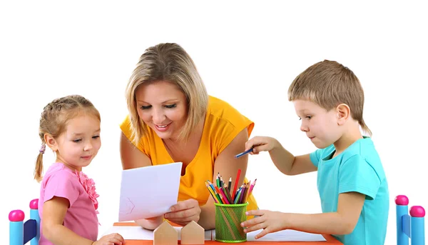 Little children drawing with mom — Stock Photo, Image