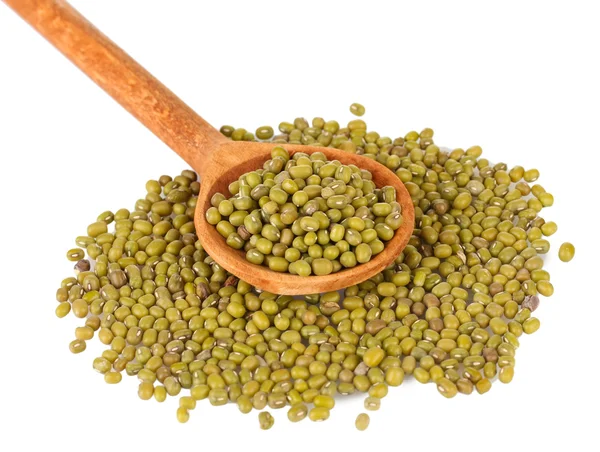 Mung beans over wooden spoon isolated on white — Stock Photo, Image