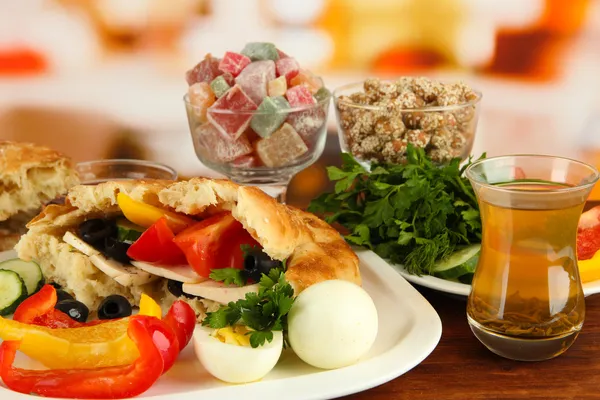 Traditional Turkish breakfast on table on bright background — Stock Photo, Image