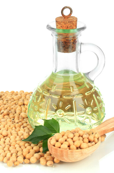 Soy beans and oil isolated on white