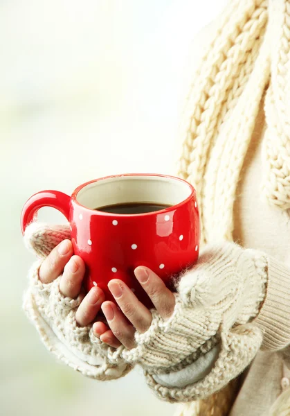 Female hands with hot drink, on light background — Stock Photo, Image