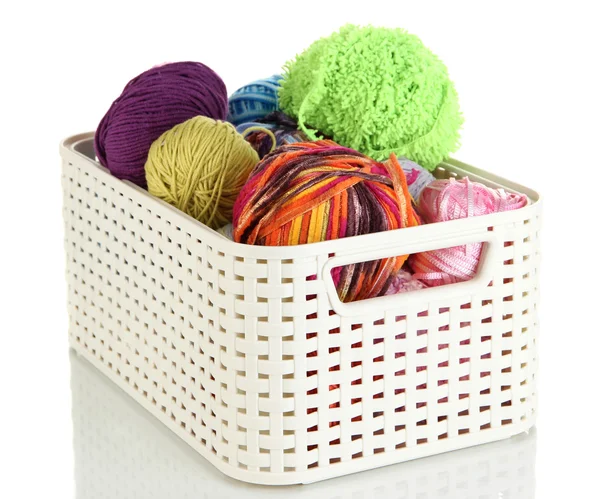 Plastic basket with yarn for knitting isolated on white — Stock Photo, Image