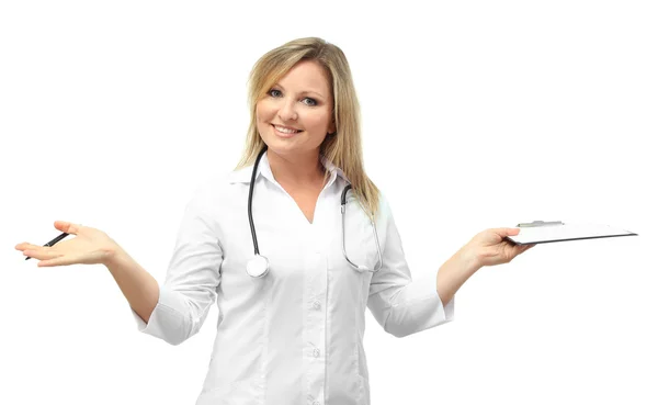 Médico mujer escribiendo historia clínica, aislado en blanco — Foto de Stock