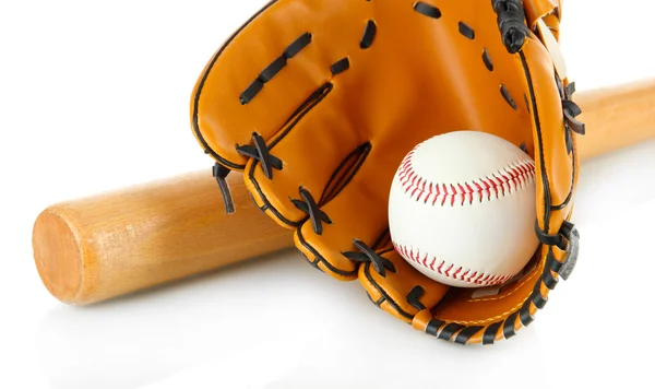 Baseballhandschuh, Schläger und Ball isoliert auf weiß — Stockfoto