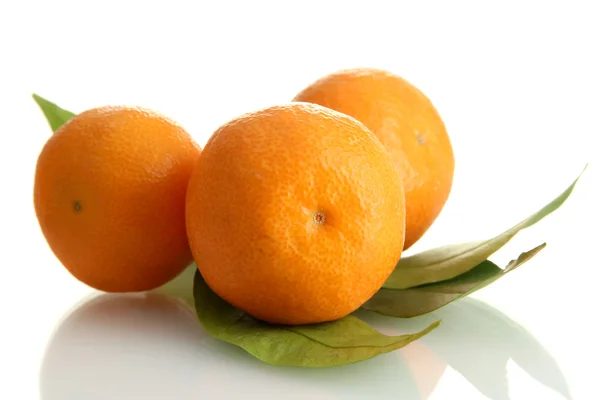 Mandarinas dulces maduras con hojas, aisladas en blanco — Foto de Stock