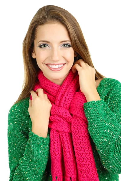 Beautiful smiling girl in warm knit scarf isolated on white — Stock Photo, Image