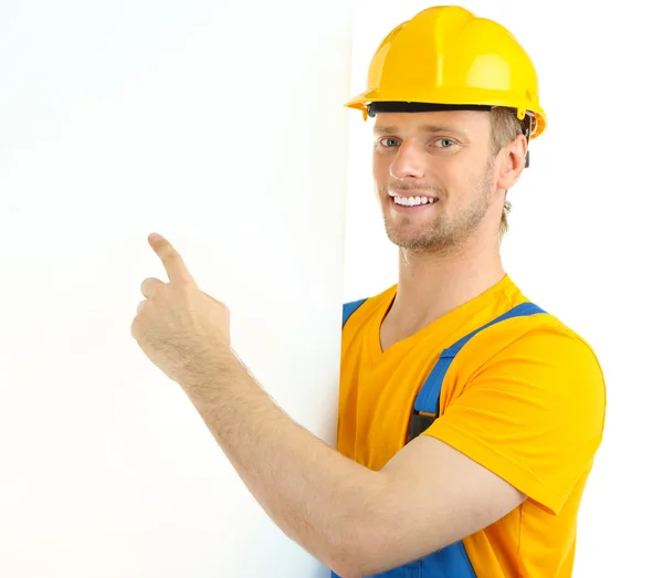 Porträt eines jungen Bauunternehmers isoliert auf Weiß — Stockfoto