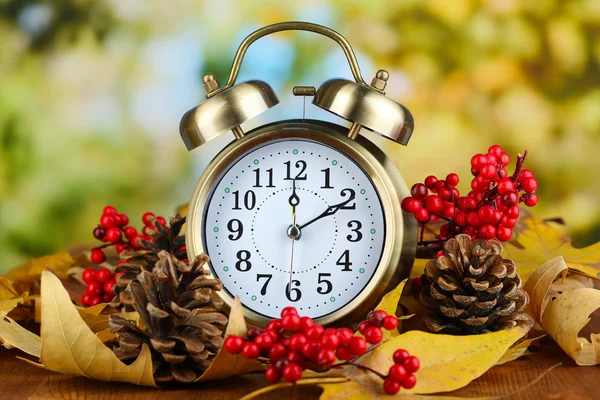 Old clock on autumn leaves on wooden table on natural background — Stock Photo, Image