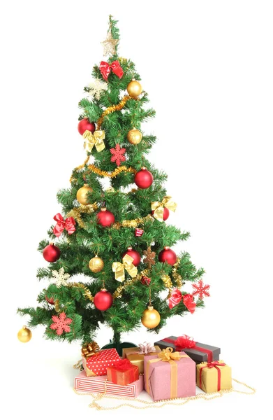 Decorated Christmas tree with gifts isolated on white — Stock Photo, Image