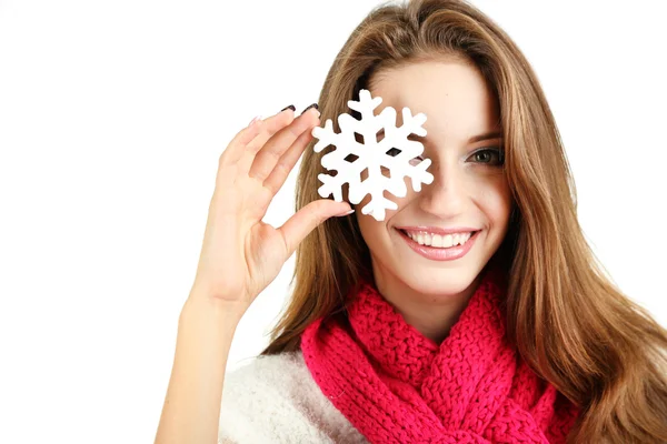 Beautiful smiling girl with Christmas snowflake isolated on white — Stock Photo, Image