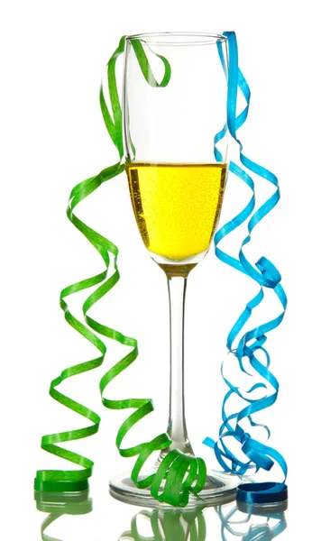 Glass of champagne and streamer after party isolated on white — Stock Photo, Image