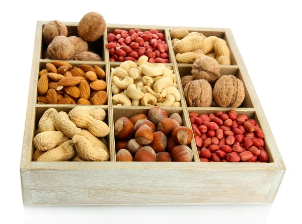 Assortment of tasty nuts in wooden box, isolated on white — Stock Photo, Image