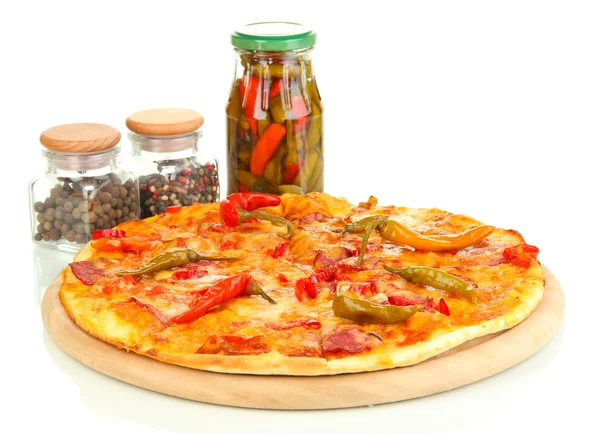 Tasty pepperoni pizza with vegetables on wooden board isolated on white — Stock Photo, Image