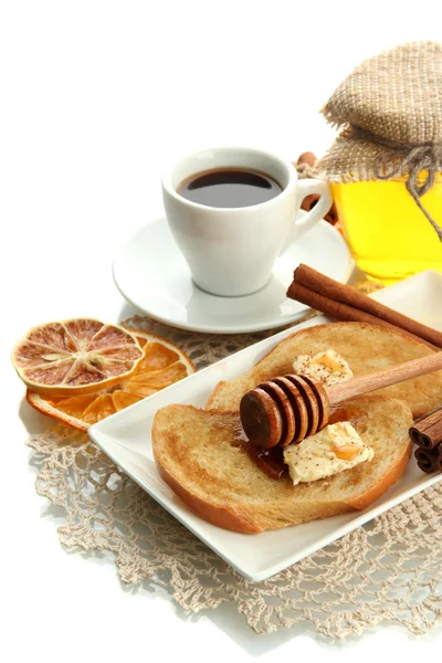 白面包烤面包、 蜂蜜和杯咖啡，白色上孤立 — 图库照片