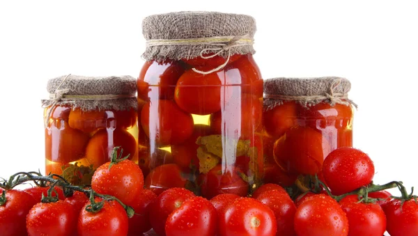 Tasty canned and fresh tomatoes, isolated on white — Stock Photo, Image