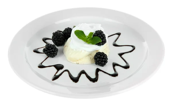 Tasty meringue cake with berries, isolated on white — Stock Photo, Image