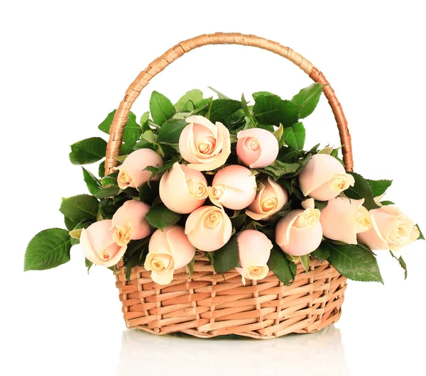 Bellissimo mazzo di rose in cesto, isolato su bianco — Foto Stock
