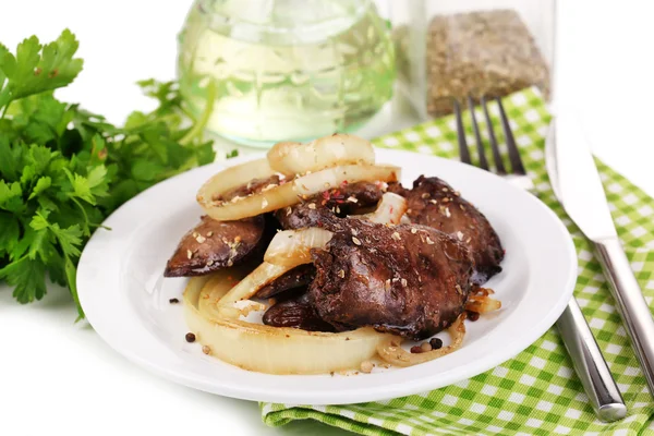 Appetizing fried chicken livers on plate isolated on white — Stock Photo, Image