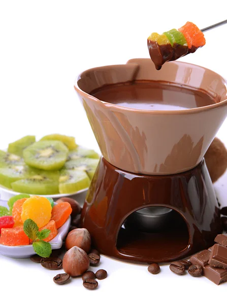 Chocolate fondue with fruits, isolated on white — Stock Photo, Image