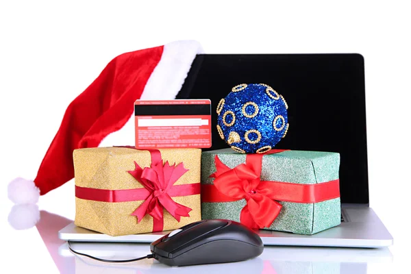 Laptop, gift and computer mouse isolated on white — Stock Photo, Image