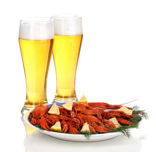 Boiled crayfishes and beer isolated on white — Stock Photo, Image