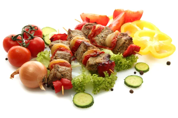 Tasty grilled meat and vegetables on skewers, isolated on white — Stock Photo, Image