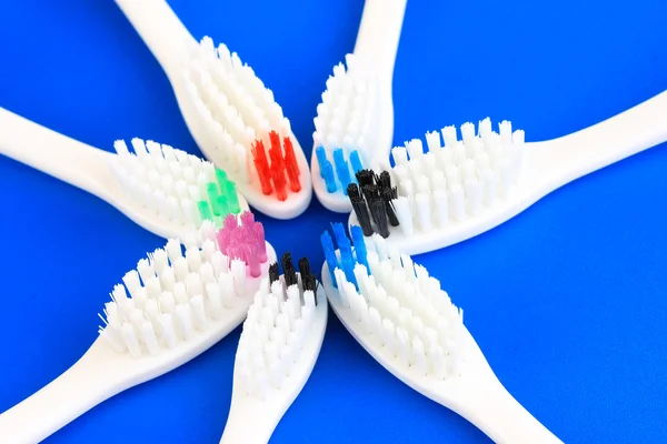 Escovas de dentes no fundo azul — Fotografia de Stock