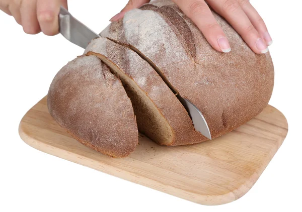 Cutting bread on wooden board isolated on white — Stock Photo, Image