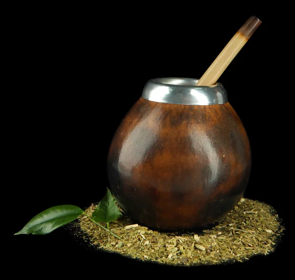 Calabash and bombilla with yerba mate isolated on black — Stock Photo, Image