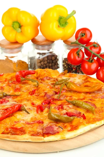 Tasty pepperoni pizza with vegetables on wooden board close-up Royalty Free Stock Images
