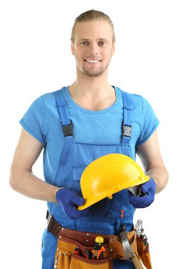 Genç foreman üzerinde beyaz izole portresi