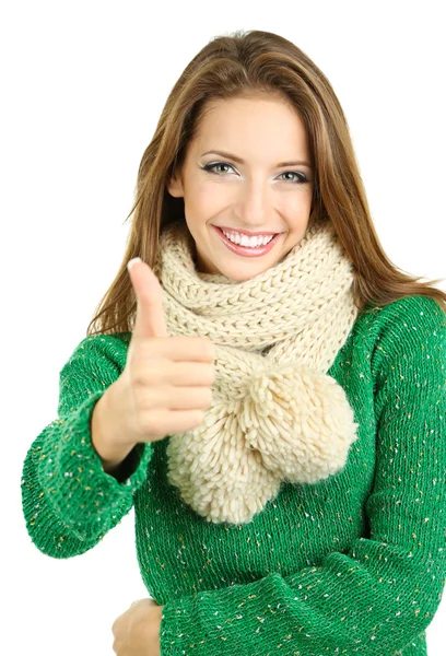 Beautiful smiling girl in warm knit scarf isolated on white — Stock Photo, Image