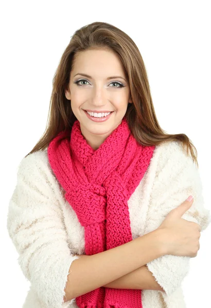 Menina sorridente bonita em cachecol de malha quente isolado no branco — Fotografia de Stock