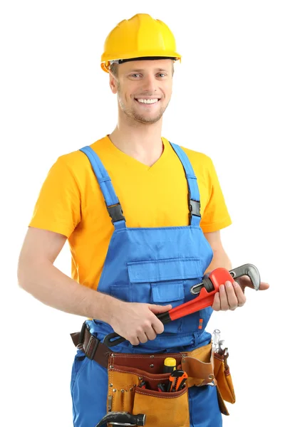 Retrato de joven constructor aislado en blanco —  Fotos de Stock