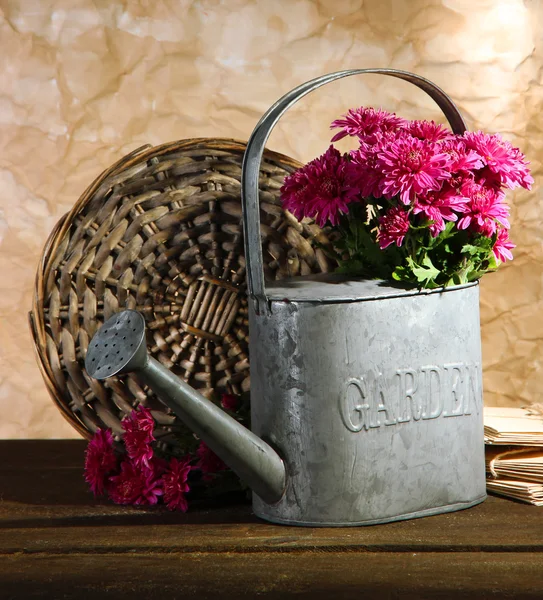 Bouquet of pink chrysanthemum in watering can on wooden table — Stock Photo, Image