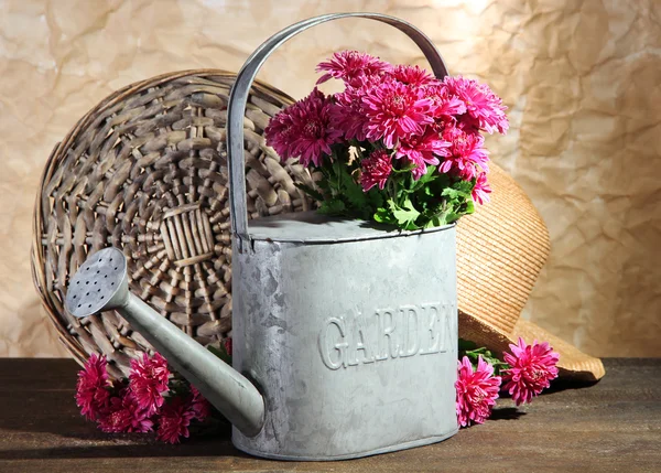 Bouquet of pink chrysanthemum in watering can on wooden table — Stock Photo, Image