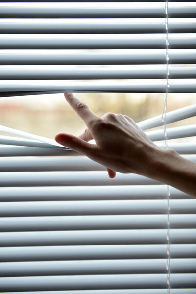 Female hand separating slats of venetian blinds with a finger to see through