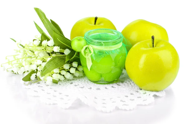 Decorative candle in form of apple jam with flowers isolated on white — Stock Photo, Image