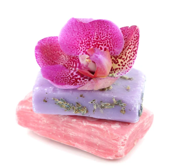 Soap and orchid isolated on white — Stock Photo, Image