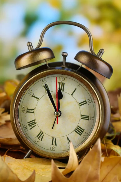 Staré hodiny na podzimní listí na dřevěném stole na přírodním pozadí — Stock fotografie