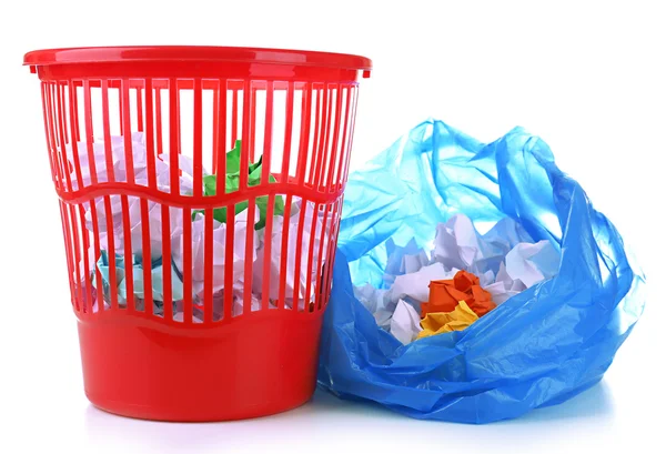 Garbage bin and plastic trash bag, isolated on white — Stock Photo, Image