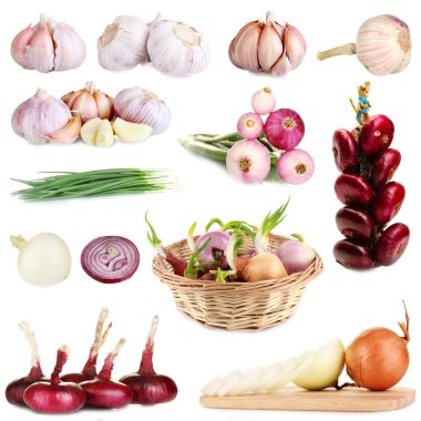 soğan ve sarımsak üzerinde beyaz izole kolaj