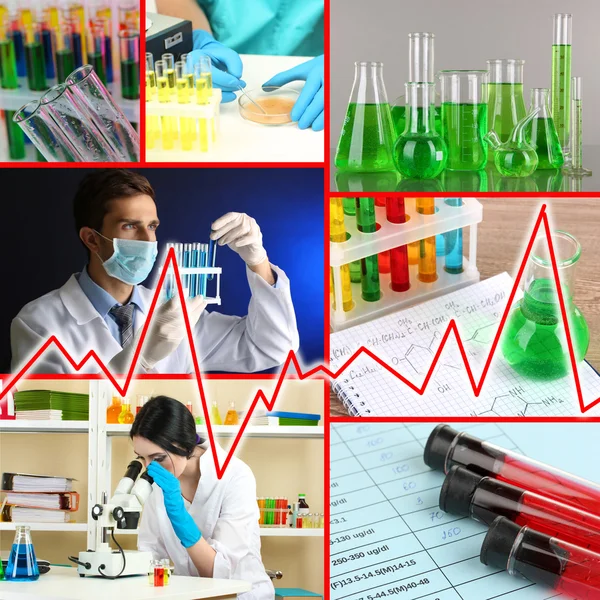 Collage de científicos y experimentos de laboratorio — Foto de Stock